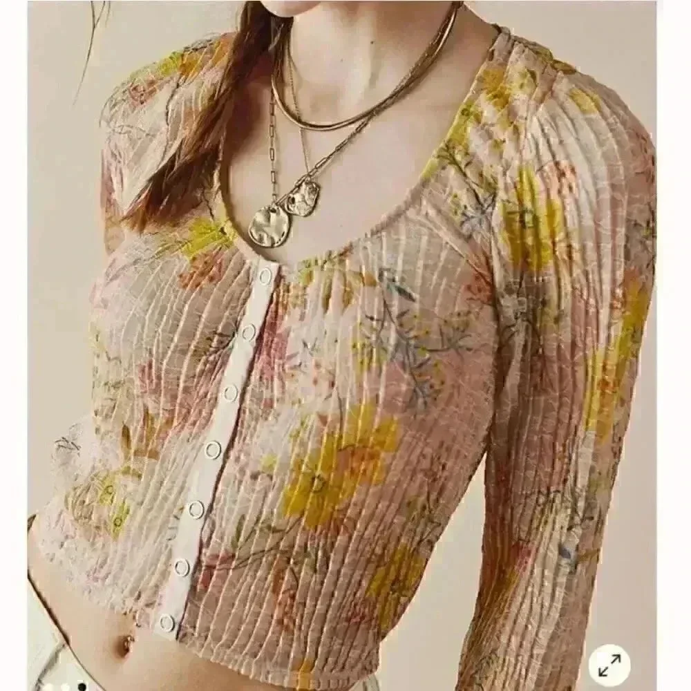 Free People Angelina Floral Sheer Long Sleeve Button Up Top Size Small